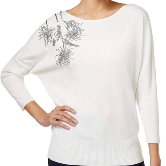 Alfani Womens Cloud Embellished Sequined Dolman 3/4 Sleeve Sweater Size Petite M - Picture 1 of 7